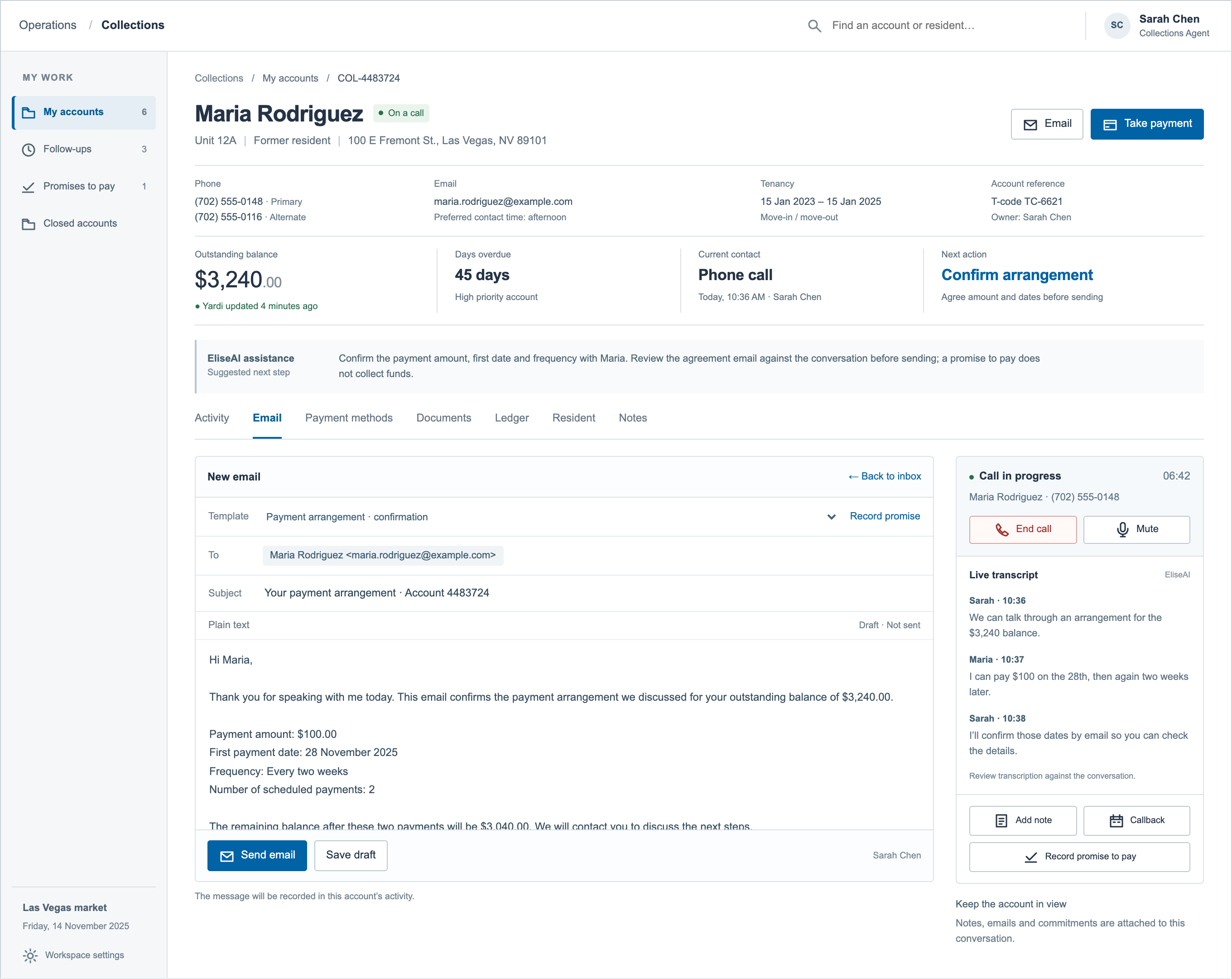Email and live call workspace with a draft payment arrangement, call transcript and follow-up actions