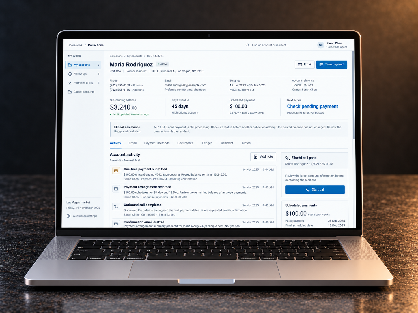 Cinematic laptop mockup showing the proposed Collections account Activity workspace with a cropped, scrollable screen.