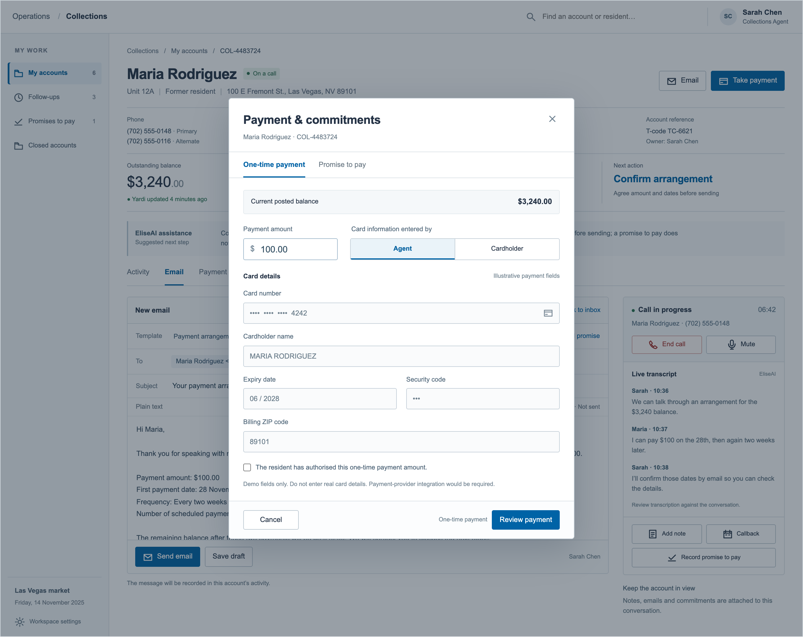 Payment dialog separating a one-time payment from a promise to pay, with amount, authorisation and a review step