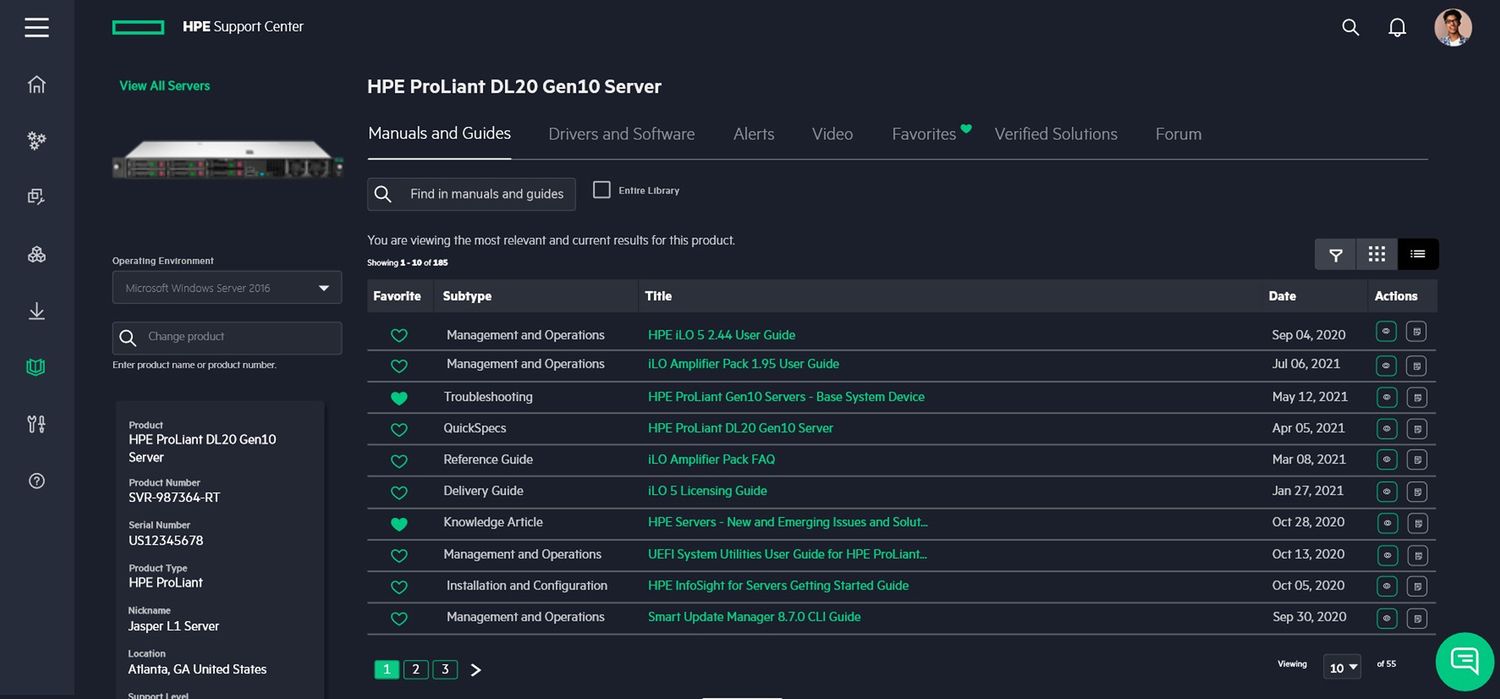 Documents — Manuals and Guides listing with filters and an actions column.