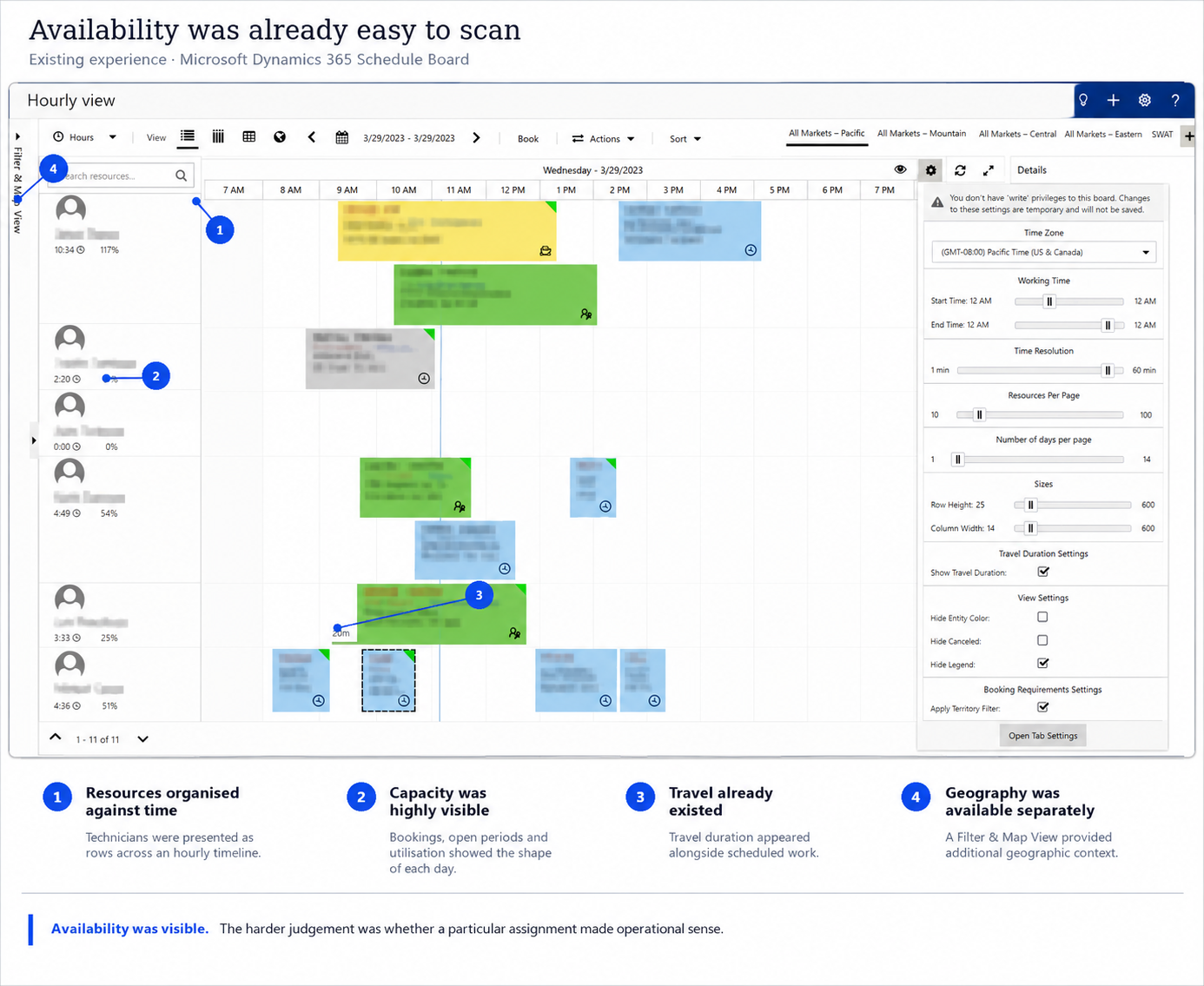 Existing Microsoft Dynamics scheduling board used before the redesign