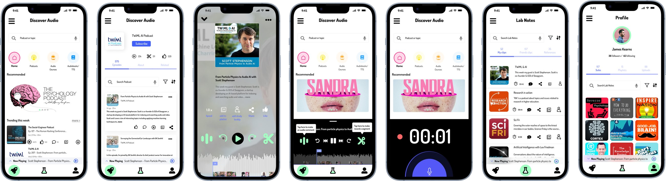 Seven Jess screens shown end to end: the Discover Audio home, a podcast detail with subscribe, the player, the player with the clip and audio-comment menu open, segment recording, Lab Notes with saved clips, and a profile.