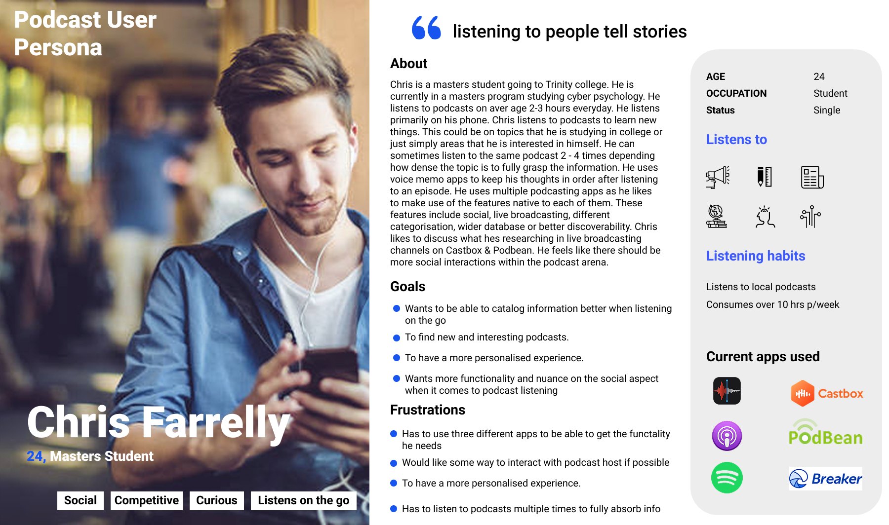 Podcast user persona, Chris Farrelly, 24, a Trinity College masters student in cyber psychology who listens 2 to 3 hours a day, re-listens to grasp dense topics, and uses voice-memo apps to keep his thoughts in order. Goals include cataloguing information on the go and a more personalised, social listening experience; frustrations include juggling three apps to get the features he needs.