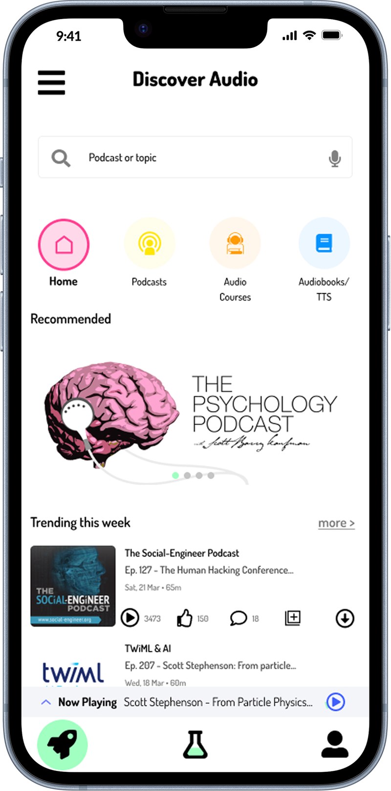 Jess Discover Audio home: a search bar, Home / Podcasts / Audio Courses / Audiobooks-TTS shortcuts, a recommended carousel, and a trending list with play, like, comment, save and download actions.