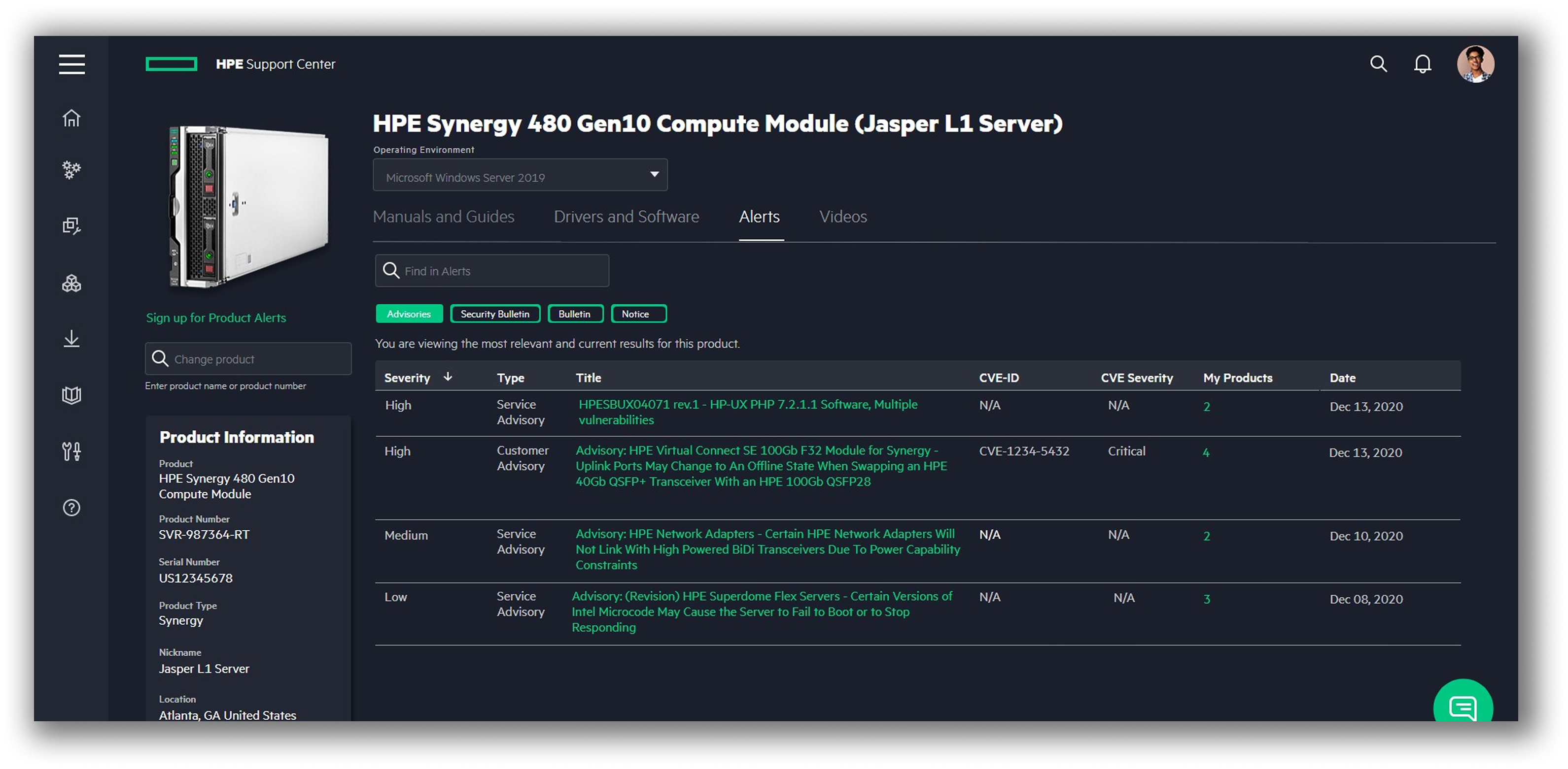 HPE Support Center MVP, Alerts tab.