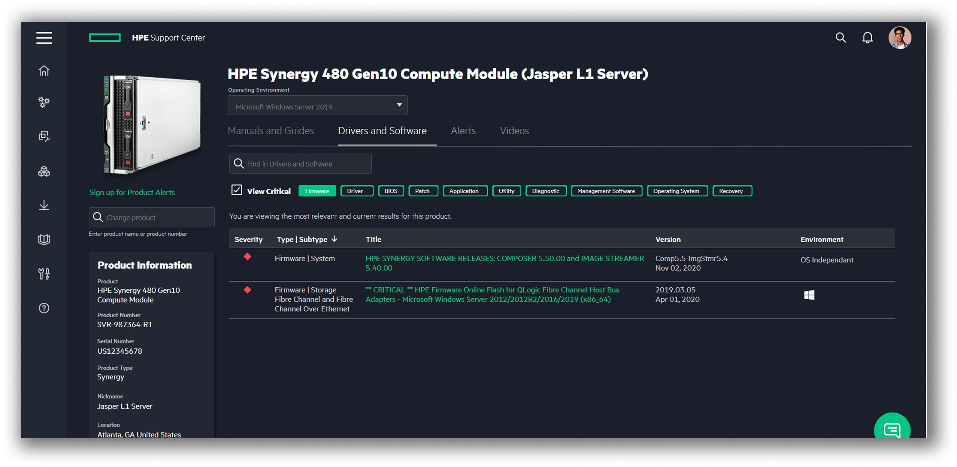 HPE Support Center MVP, Drivers and Software tab.