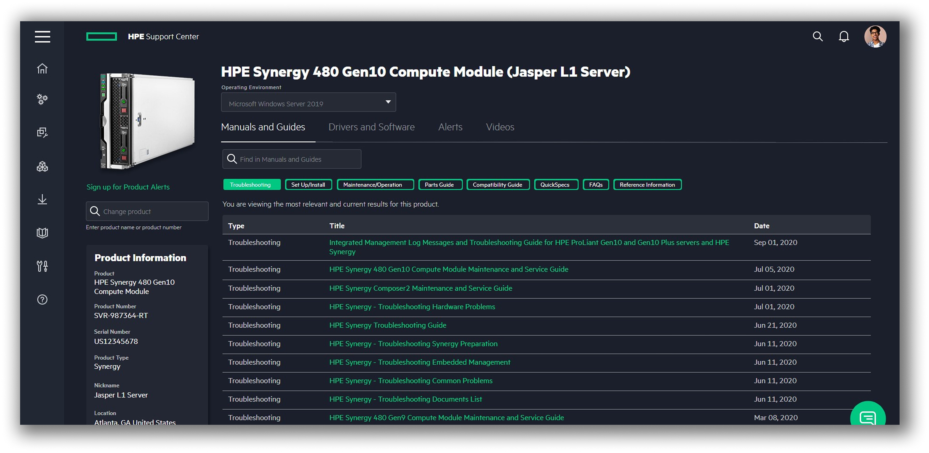 HPE Support Center MVP, Manuals and Guides tab.