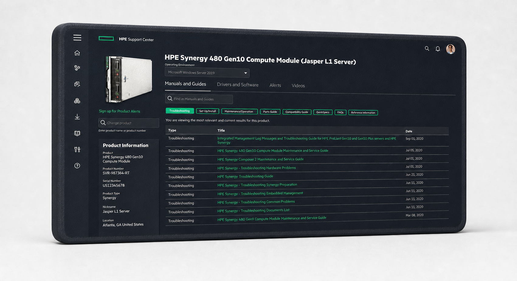 HPE Support Center interface presented on a softly lit rounded 3D tile