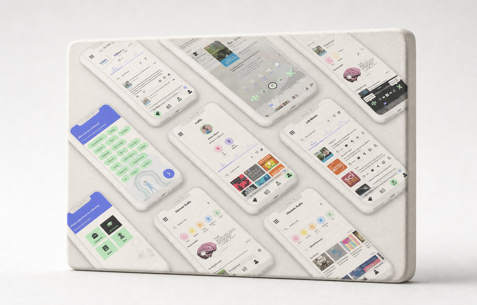 Jess mobile app screens presented across a softly lit rounded 3D tile
