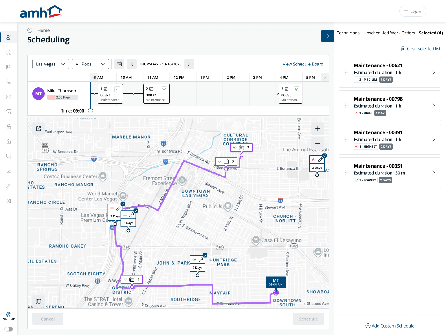 AMH Scheduling: route-aware scheduling workspace with selected work orders and map route visible.
