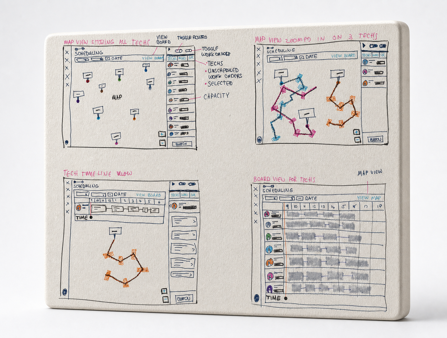 Four hand-drawn scheduling concepts on a softly lit rounded tile angled toward the left
