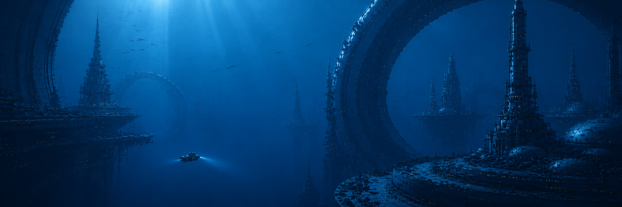 An expansive underwater SuiYu city with circular megastructures, illuminated towers, fish, and a small submersible moving through blue water.