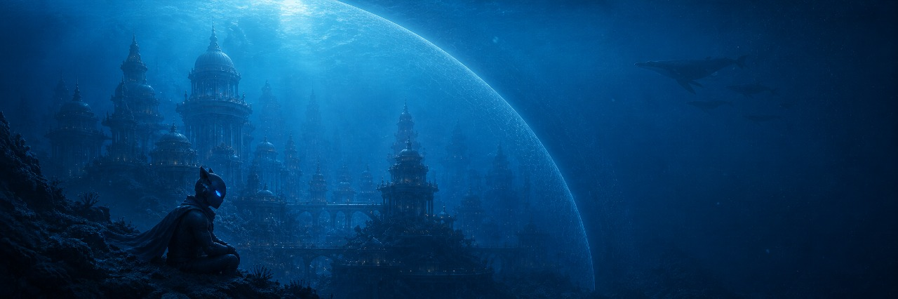 A cinematic underwater SuiYu world with a seated glowing-eyed creature overlooking submerged towers and a blue hydrosphere.