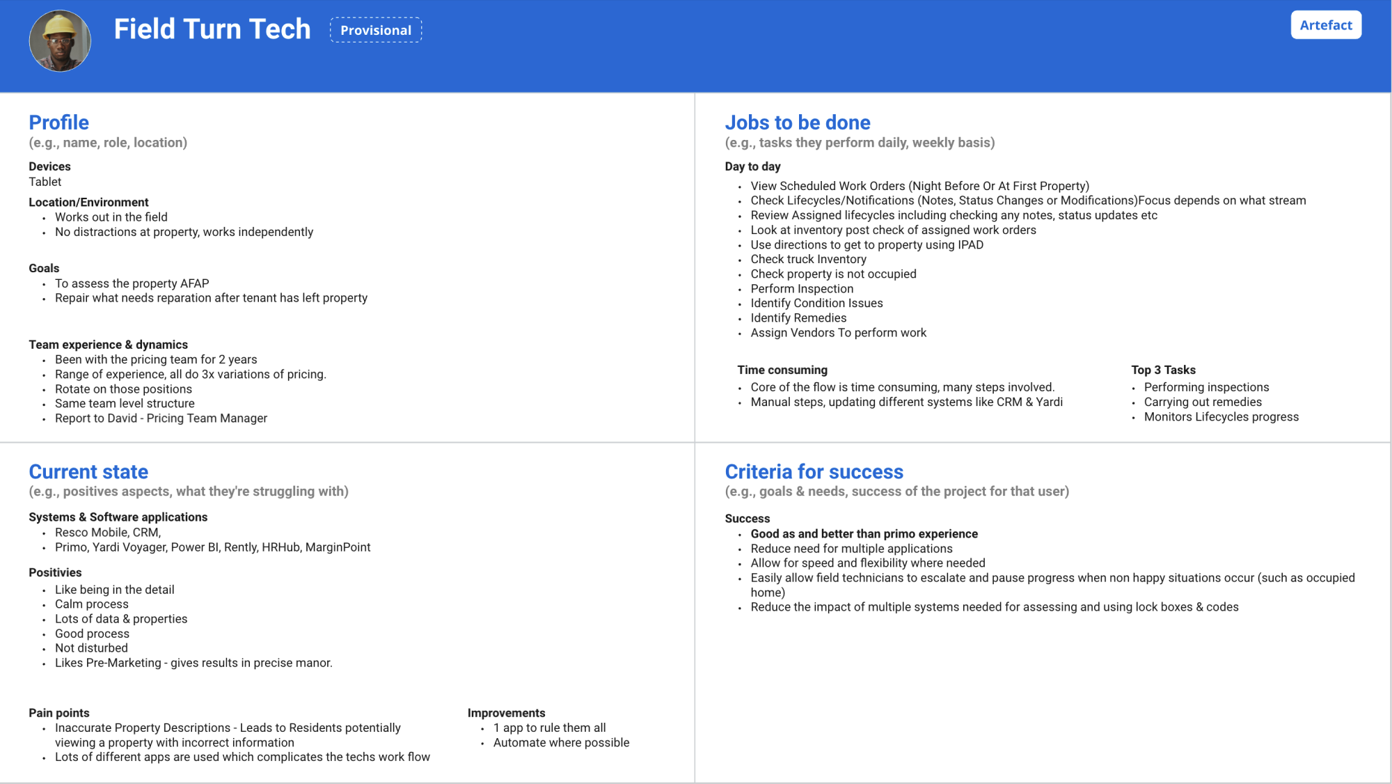 Provisional Field Turn Technician persona card: profile, jobs to be done, current-state systems, pain points and success criteria.