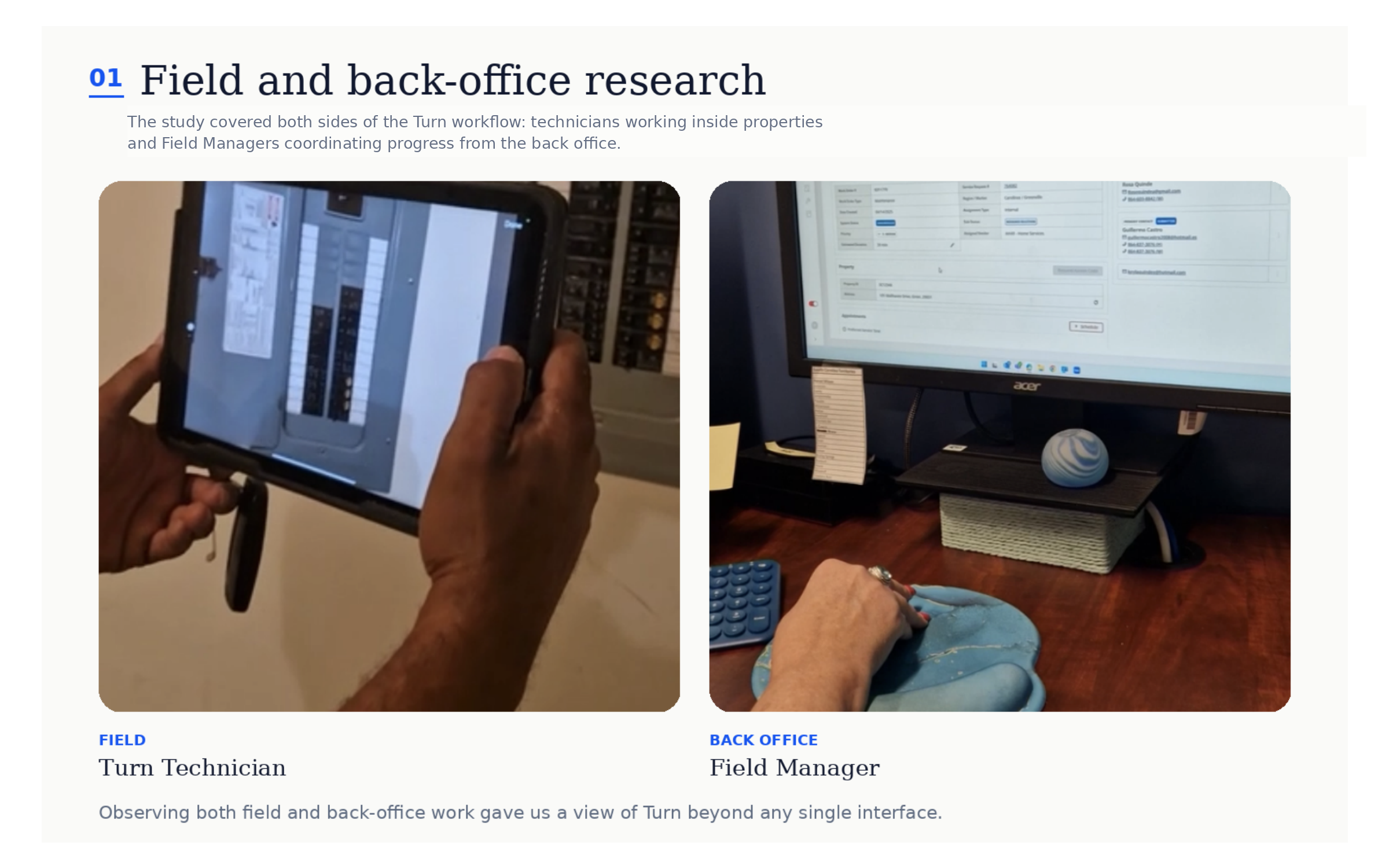 Field and back-office research showing a Turn Technician working in a property and a Field Manager coordinating work in the office.